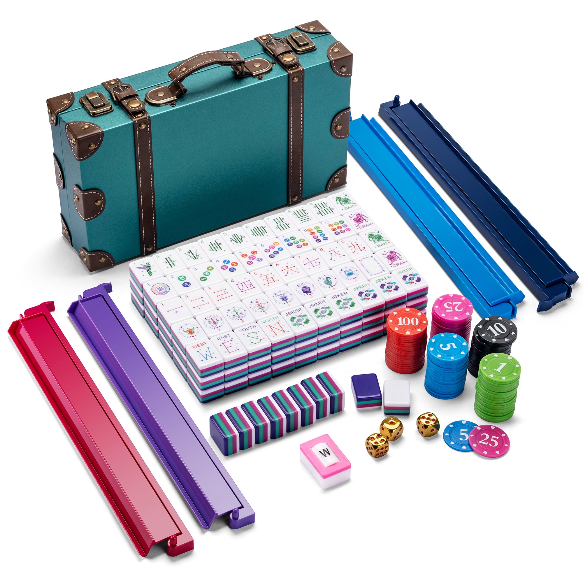 American Mahjong Tile Set – 160 Acrylic Tiles with 4 All-in-One Mahjong Tile Racks & Pushers, 12 Zodiac Designs, 4-Layer Colors, 100 Chips, 3 Golden Dice, Vintage Leather Portable Case